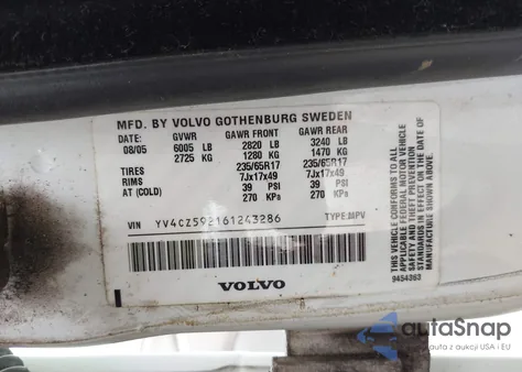 2006 Volvo Xc90 2.5T z USA, uszkodzony, nr VIN YV4CZ592161243286